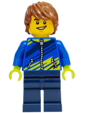 LEGO Mountain Bike Cyclist - Male, Blue Jacket with Dark Blue and Lime Diagonal Stripes, Dark Blue Legs, Reddish Brown Hair set