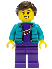 LEGO Mountain Bike Cyclist -  Female, Dark Turquoise Jacket, Dark Purple Legs, Dark Brown Ponytail set
