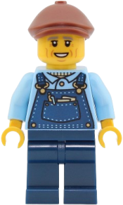 LEGO Train Driver - Male, Bright Light Blue Shirt, Dark Blue Overalls and Legs, Reddish Brown Flat Cap set