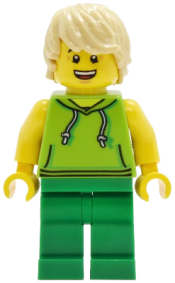 LEGO Lava Land Patron - Male, Lime Sleeveless Hoodie, Green Legs, Tan Hair set