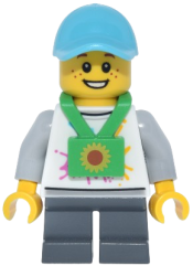LEGO Lava Land Patron - Child, Male, White Shirt with Mountains Logo, Dark Bluish Gray Short Legs, Lanyard, Medium Azure Cap set