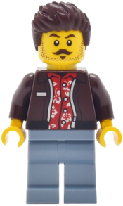 LEGO Car Wash Patron - Male, Dark Brown Jacket over Red Hawaiian Shirt, Sand Blue Legs, Dark Brown Hair set