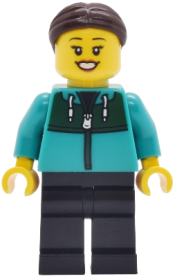 LEGO Car Wash Patron - Female, Dark Turquoise Track Suit, Black Legs, Dark Brown Hair set