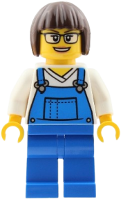 LEGO Truck Driver - Female, Blue Overalls over V-Neck Shirt, Blue Legs, Dark Brown Bob Cut Hair, Glasses set