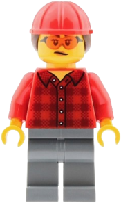 LEGO Mobile Crane Operator - Female, Red Plaid Flannel Shirt, Dark Bluish Gray Legs, Red Construction Helmet with Dark Brown Ponytail Hair, Safety Glasses set