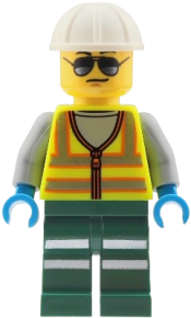 LEGO Train Worker - Male, Neon Yellow Safety Vest with Reflective Stripes, Dark Green Legs with Reflective Stripes, White Construction Helmet, Sunglasses set