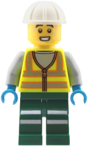 LEGO Train Worker - Male, Neon Yellow Safety Vest with Reflective Stripes, Dark Green Legs with Reflective Stripes, White Construction Helmet, Sweat Drops set