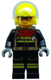 LEGO Fire - Male, Black Jacket and Legs with Reflective Stripes and Red Collar, Neon Yellow Flight Helmet, Trans-Clear Visor set