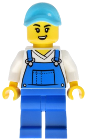 LEGO Car Wash Worker - Female, Blue Overalls and Legs, Medium Azure Hat set