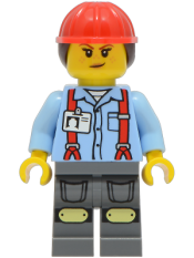 LEGO Construction Worker - Female, Bright Light Blue Shirt with Red Suspenders, Dark Bluish Gray Legs with Knee Pads, Red Construction Helmet with Dark Brown Ponytail Hair set