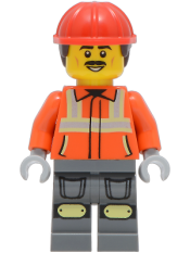 LEGO Construction Worker - Male, Reddish Orange Safety Jacket with Reflective Stripes, Dark Bluish Gray Legs with Knee Pads, Red Construction Helmet with Dark Brown Short Curly Hair, Moustache set