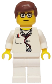 LEGO Doctor - Lab Coat Stethoscope and Thermometer, White Legs, Reddish Brown Male Hair, Glasses minifigure