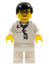 LEGO Doctor - Lab Coat, Stethoscope and Thermometer, White Legs, Black Male Hair, Glasses minifigure