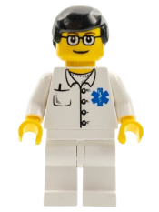 LEGO Doctor - EMT Star of Life Button Shirt, White Legs, Black Male Hair, Glasses minifigure