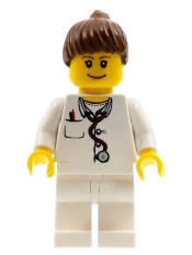 LEGO Doctor - Lab Coat, Stethoscope and Thermometer, White Legs, Reddish Brown Female Ponytail Hair minifigure