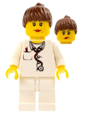 LEGO Doctor - Lab Coat Stethoscope and Thermometer, White Legs, Reddish Brown Female Ponytail Hair, Dual Sided Head minifigure