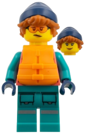 LEGO Arctic Explorer - Female, Coral and Dark Turquoise Outfit, Orange Lifevest, Dark Orange Hair, Dark Blue Hat set