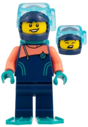 LEGO Arctic Explorer Diver - Dark Blue Wetsuit with Coral Sleeves, Dark Turquoise Tank and Flippers, Dark Blue Helmet set
