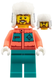 LEGO Arctic Explorer - Coral Jacket, Dark Turquoise Legs, Dark Blue Ushanka Hat set