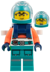 LEGO Astronaut - Dark Turquoise Helmet and Legs, Coral Arms, Dark Blue Backpack set