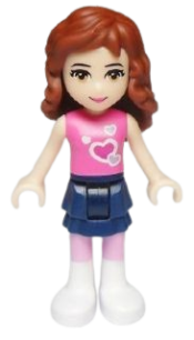 LEGO Friends Olivia, Dark Blue Layered Skirt, Dark Pink Top with Hearts minifigure