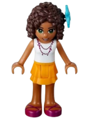 LEGO Friends Andrea, Bright Light Orange Layered Skirt, White Top with Necklace with Music Notes, Flower minifigure