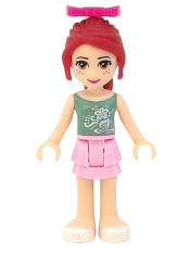 LEGO Friends Mia, Bright Pink Layered Skirt, Sand Green Top, Bow minifigure