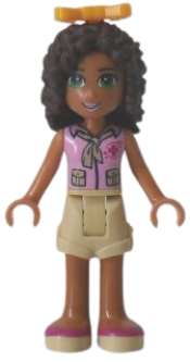 LEGO Friends Andrea, Tan Shorts, Bright Pink Top with Red Cross Logo and Scarf, Bright Light Orange Bow minifigure