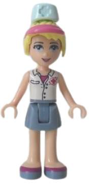 LEGO Friends Stephanie, Sand Blue Skirt, White Top with Red Cross Logo, Light Aqua Nurse Hat minifigure