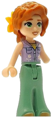 LEGO Friends Autumn - Lavender Sleeveless Jacket with Flowers, Sand Green Trousers Bell-Bottoms, Medium Nougat Shoes, Dark Orange Hair Wavy, Bright Light Orange Flower set