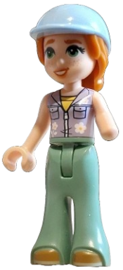 LEGO Friends Autumn - Lavender Sleeveless Jacket with Flowers, Sand Green Trousers Bell-Bottoms, Medium Nougat Shoes, Bright Light Blue Horse Riding Helmet set