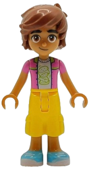 LEGO Friends Leo - Dark Pink Jacket, White Shirt with Hamburger, Yellow Cropped Trousers, Medium Azure Shoes set