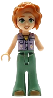 LEGO Friends Autumn - Lavender Sleeveless Jacket with Flowers, Sand Green Trousers Bell-Bottoms, Medium Nougat Shoes, Dark Orange Hair Wavy set