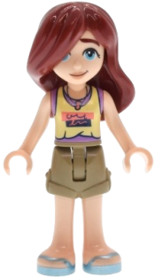 LEGO Friends Paisley - Bright Light Yellow and Medium Lavender Tank Top, Dark Tan Shorts, Metallic Light Blue Sandals set