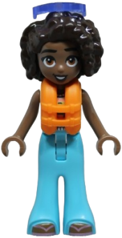 LEGO Friends Aliya - White Crochet Top, Medium Azure Trousers Bell-Bottoms, Metallic Pink Flip Flops, Orange Life Jacket, Trans-Purple Sunglasses set