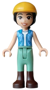 LEGO Friends Liann - Dark Azure and Bright Light Blue Vest  over White Top, Sand Green Trousers, Dark Brown Boots, Bright Light Orange Horse Riding Helmet set