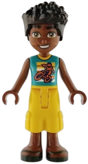 LEGO Friends Zac - Dark Tuquoise Shirt with Motorcycle, Yellow Cropped Trousers, Dark Green Sandals set