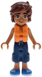LEGO Friends Leo - Bright Light Orange Sleeveless Shirt, Orange Life Jacket, Dark Blue Cropped Trousers, Blue Shoes set