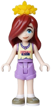 LEGO Friends Paisley - Bright Light Yellow and Medium Lavender Tank Top, Medium Lavender Shorts, Dark Tan Shoes, Bright Light Orange Flower Tiara set