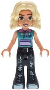 LEGO Friends Nova - Dark Turquoise Sleeveless Hoodie, Black Trousers Bell-Bottoms with Metallic Light Blue Shoes set