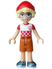 LEGO Friends Olly - White T-Shirt Checkered with Pizza Slice, Dark Orange Shorts, Metallic Light Blue Shoes, Red Hat set
