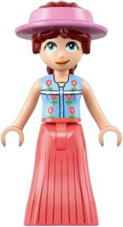 LEGO Friends Paisley - Medium Blue Vest, Coral Skirt Full Length Pleated, Bright Pink Sun Cap set