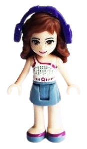 LEGO Friends Olivia, Sand Blue Skirt, White One Shoulder Top with Magenta Trim,  Headphones minifigure