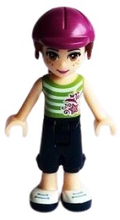 LEGO Friends Mia, Dark Blue Cropped Trousers, Lime and White Striped Top, Helmet minifigure