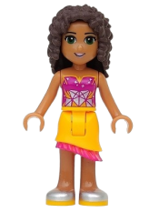 LEGO Friends Andrea, Bright Light Orange Asymmetric Skirt with Magenta Fringe, Magenta Top with White Geometric Heart minifigure