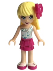 LEGO Friends Stephanie, Magenta Layered Skirt, White One Shoulder Top with Stars, Bow minifigure