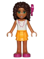 LEGO Friends Andrea, Bright Light Orange Layered Skirt, White Top with Necklace with Music Notes, Bow minifigure