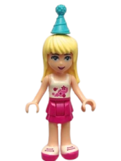 LEGO Friends Stephanie, Magenta Layered Skirt, White Top with Stars, Medium Azure Party Hat minifigure