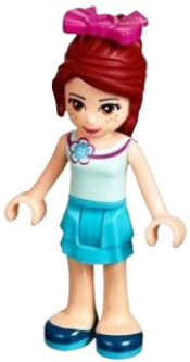 LEGO Friends Mia, Medium Azure Layered Skirt, Light Aqua Top with Flower, Magenta Bow minifigure