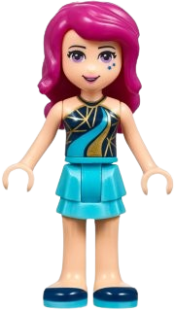 LEGO Friends Livi, Medium Azure Layered Skirt, Dark Blue Top with Gold and Medium Azure Curved Stripes minifigure